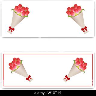 Grußkarten oder Einladungen mit Blumenstrauß aus Tulpen. Blumenstrauß aus Tulpen in Papier mit roter Schleife. Platz für Text. Vector Illustration. Stock Vektor