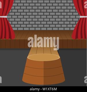 Theatralische Szene Vektor. Leistung. Bühne Podium. Rote Samtvorhänge. Veranstaltung zeigen. Holzboden. Flache Cartoon Illustration für Ihr Design. Stock Vektor