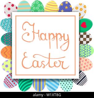 Kalligraphie Schriftzug Frohe Ostern Inschrift. Ostern Karte mit bunten Eiern in der Kranz bilden. Für die Begrüßung oder Einladung Postkarte. Vektor illustratio Stock Vektor
