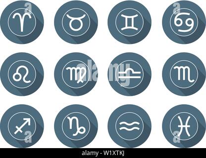 Satz von Sternzeichen Symbole. Horoskop Zeichen: Widder, Stier, Zwillinge, Krebs, Löwe, Jungfrau, Waage, Skorpion, Schütze, Steinbock, Wassermann, Fische. Flach Stock Vektor