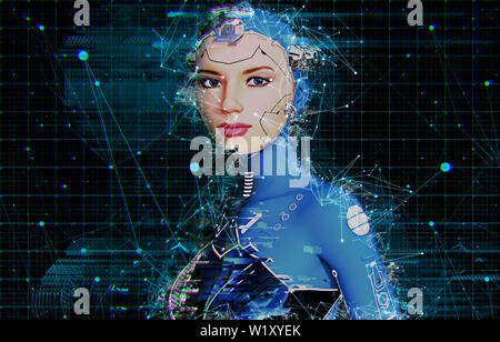 Konzept der neuronalen Netze in eine künstliche Intelligenz Cyborg in der weiblichen Form, 3D-Rendering Stockfoto