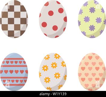 Einstellen der Ostereier isoliert auf weißem Hintergrund. Verschiedene bunte Eier mit Streifen, Punkte, Herzen und Blumen. Perfekt für Grußkarten, Invitatio Stock Vektor