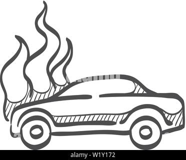 Auto auf Feuer Symbol in doodle Skizze Linien. Automotive Transport Unfall verbrannt Versicherung Stock Vektor