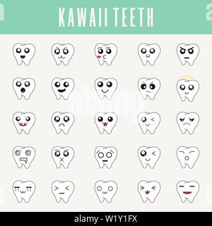 Süße kleine Zähne in kawaii Stil. Satz von Emoticons, Emoji Icons. Sauber und modern Vector Illustration für Design, Web. Stock Vektor