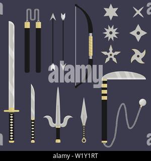 Ninja Waffen set. Katana, Sai, kunai, nunchacku, Shuriken, kusarigama, Bogen und Pfeile. Cartoon Stil. Sauber und modern Vector Illustration für Design, Stock Vektor