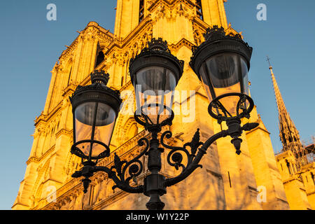 Scheinwerfer vor der Kathedrale Notre Dame mit am späten Nachmittag Sonnenlicht beleuchtet die Kathedrale. Stockfoto