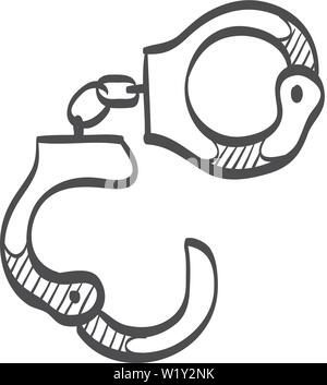 Handschellen Symbol in doodle Skizze Linien. Justiz Gesetz Ausrüstung Werkzeug Polizei kriminelle Knechtschaft Stock Vektor