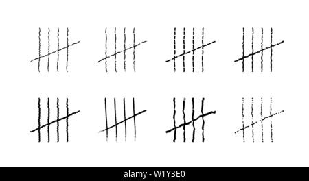 Gefängnis Symbole, Gefängnis zählstriche. Hand gezeichneten Linien oder Sticks, Anschläge, die von vier sortiert und durchgestrichen. Vektor Symbole. Stock Vektor