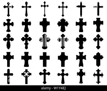 Große schwarze Silhouetten verschiedener Kreuze, verschiedene religiöse Symbole Stockfoto