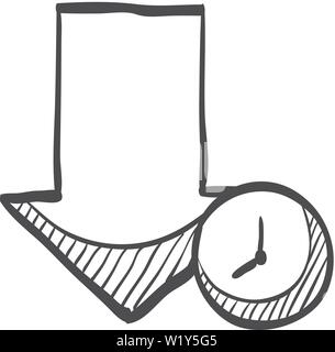 Download Pfeil mit Uhrsymbol in doodle Skizze Linien. Wartezeit Warteschlange Stock Vektor