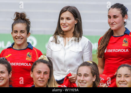 Madrid, Spanien. 04. Juli, 2019. Queen Letizia visits die Ausbildung der 'National Women's Rugby Team 7' an der Universität Complutense in Madrid, Spanien am 04. Juli 2019. Credit: Jimmy Olsen/Medien Punch ** Keine Spanien***/Alamy leben Nachrichten Stockfoto