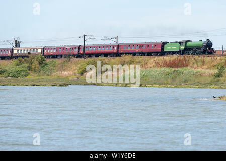 Von der Liverpool Street in London nach Dereham in Norfolk fährt ein Dampfzug durch die Landschaft von Essex und Suffolk. Die Steam Dreams Rail Co. Special wird von 61306 LNER Thompson Class B1 „Mayflower“ getragen. Glänzend in BR apfelgrün wurde die Lokomotive kürzlich komplett überholt und Anfang 2019 wieder auf Hauptstrecken-Sonderfahrten aufgenommen Stockfoto