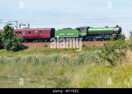 Von der Liverpool Street in London nach Dereham in Norfolk fährt ein Dampfzug durch die Landschaft von Essex und Suffolk. Die Steam Dreams Rail Co. Special wird von 61306 LNER Thompson Class B1 „Mayflower“ getragen. Glänzend in BR apfelgrün wurde die Lokomotive kürzlich komplett überholt und Anfang 2019 wieder auf Hauptstrecken-Sonderfahrten aufgenommen Stockfoto