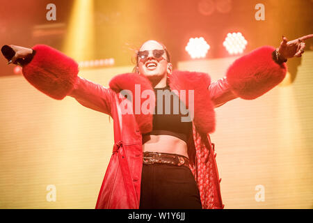 Roskilde, Dänemark. Juli 03rd, 2019. Der spanische Sänger und Songwriter Rosalia führt ein Live Konzert während der dänischen Musik Festival Roskilde Festival 2019. (Foto: Gonzales Foto - Thomas Rasmussen). Stockfoto