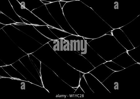Close-up Kunst der Muster der Knicke und Risse auf dem Touchscreen Display des Smartphones durch fallende auf schwarzem Hintergrund verursacht Stockfoto