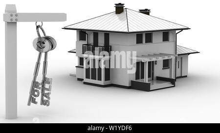 Haus zum Verkauf mit Tasten auf weißem Hintergrund, hohe Auflösung Sharp 3D-Rendering Stockfoto