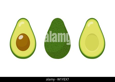 Satz frischer ganze und halbe Avocado auf weißem Hintergrund. Ökologische Lebensmittel. Cartoon Stil. Vector Illustration für Design. Stock Vektor