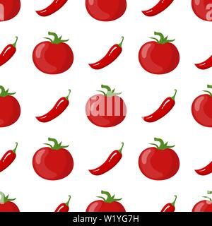 Nahtlose Muster mit frischen Tomaten und Chili Pfeffer Gemüse. Ökologische Lebensmittel. Cartoon Stil. Vector Illustration für Design, Web, Geschenkpapier, Fab Stock Vektor