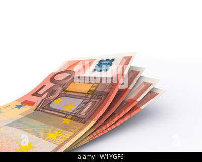 50 Euro-Scheine auf weißem Hintergrund. Hohe Auflösung, gestochen scharfe 3D-Rendering. Stockfoto