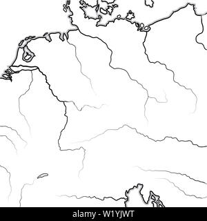 Karte der deutschen Länder: Deutschland (Deutschland), Alemannia (Allemagne), Bayern, Sachsen, Franken, Thüringen, Westfalen, Teutonia, Preußen, Österreich. Stockfoto