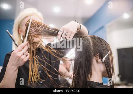 Friseur holding Schere und Kamm und macht Haarschnitt Frau Client. Junge schöne Frau die Haare schneiden im Beauty Salon. Prozess der Haare schneiden mit verwenden Stockfoto