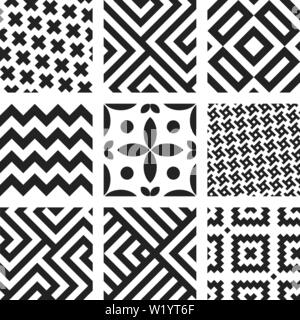 Vector Illustration. Neun nahtlose Geometrische regelmäßige Muster in Schwarz und Weiß. Stock Vektor