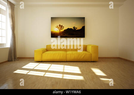 3D-gerenderte leere Zimmer mit Sofa Stockfoto