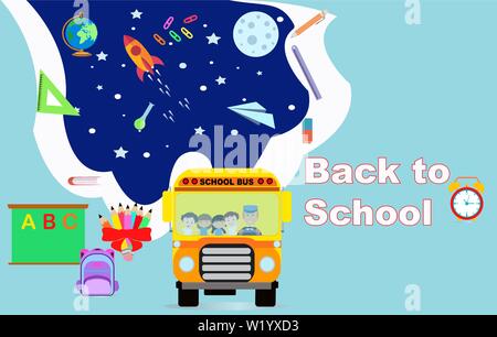 Vektor banner Poster zurück in die Schule mit glücklichen Studenten reiten ein Schulbus Stock Vektor