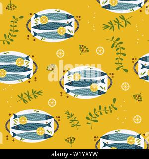 Fisch Abendessen Hand gezeichnet Flachbild vector Pattern Stock Vektor