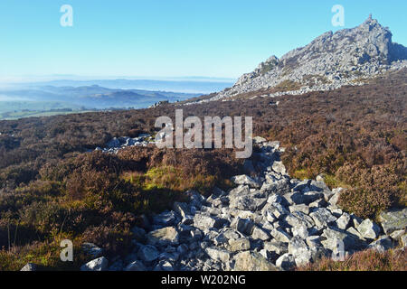 Blick auf einem Felsvorsprung oder Damm, auf der Stiperstones, ein markanter Hügel in Shropshire, England. Es handelt sich um einen Quarzit Ridge. Stockfoto