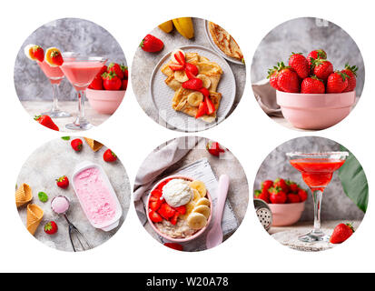 Essen Collage. Verschiedene Gerichte mit Erdbeeren. Stockfoto