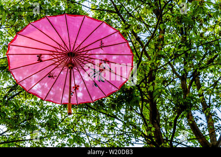 Dekorative moderne Kunst von asiatischen Schirme hängen von den Bäumen in der schönen Yaletown Vancouver, British Columbia, Kanada Stockfoto