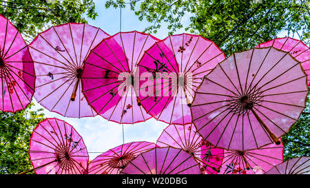 Dekorative moderne Kunst von asiatischen Schirme hängen von den Bäumen in der schönen Yaletown Vancouver, British Columbia, Kanada Stockfoto