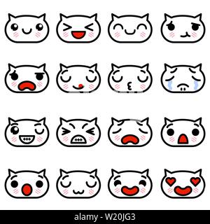 Stellen Sie Symbole Emoji Kätzchen mit unterschiedlichen Emotionen. Vector Illustration Stock Vektor