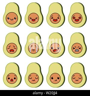 Reihe von Icons Emoji Avocado mit unterschiedlichen Emotionen. Vector Illustration Stock Vektor