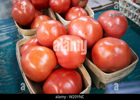 Körbe mit frischen großen beefsteak Tomaten zum Verkauf auf einem Bauernhof außerhalb Athens Georgia USA Stockfoto