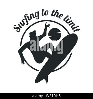 Sommer surfen Sport Vektor logo, Surfbrett und Ocean Wave. Sommer Sport Surfen, Abbildung: Sport Surf Board Abzeichen Stock Vektor
