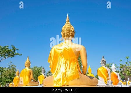Hinter der Statue von Buddha in Gelb Hintergrund Tuch Himmel im Wat Phai Rong Wua, Suphan Buri in Thailand. Stockfoto