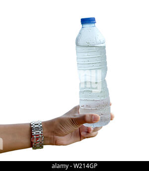 Hand mit kaltem Wasser auf weißem Hintergrund mit Freistellungspfaden. Stockfoto