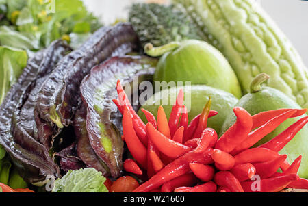 Gemüse in Thailand, Aubergine, Purple Winged Bean, bitteren Kürbis, Melone und roter Chili. Stockfoto