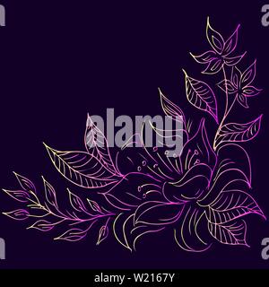 Handgezeichnete Vektorgrafiken von abstrakten violett, gelb und rosa Blüten. Hand gezeichnete Skizze eines Blumen Stock Vektor