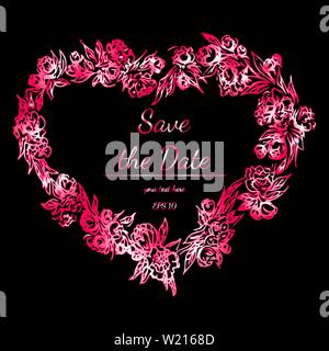 Hand gezeichnet Vector Illustration der Abstrakten Set lila und rote Blumen auf schwarzem Hintergrund. Hand gezeichnete Skizze einer Blumen. Floral Heart Frame Desig Stock Vektor