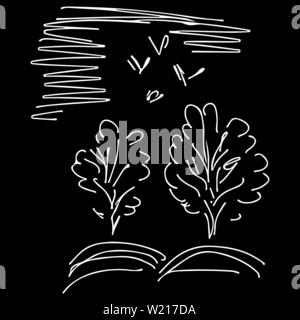 Bäume und fliegen über es Vögel auf schwarzem Hintergrund isoliert. Hand Überblick Vector Illustration gezeichnet. Einfache Landschaft. Freehand Umrisse Colle Stock Vektor
