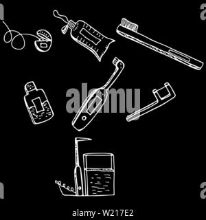 Zahnmedizinische Dienstleistungen Objekte auf schwarzem Hintergrund isoliert. Doodle style zahnmedizinische Reinigung und Pflege Werkzeuge. Zahnmedizin und kieferorthopädie Instrumente und Werkzeuge Stock Vektor