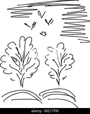 Bäume und fliegen über es Vögel auf weißem Hintergrund. Hand Überblick Vector Illustration gezeichnet. Einfache Landschaft. Freehand Umrisse Colle Stock Vektor