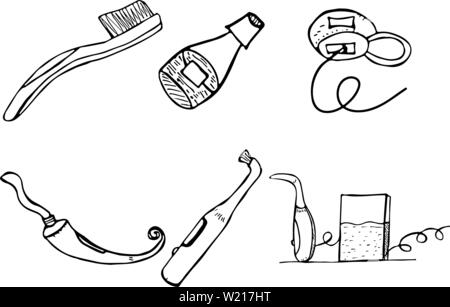 Zahnmedizinische Dienstleistungen Objekte auf schwarzem Hintergrund isoliert. Doodle style zahnmedizinische Reinigung und Pflege Werkzeuge. Umrisse Stomatologie und Instrumente und Werkzeuge. Med Stock Vektor