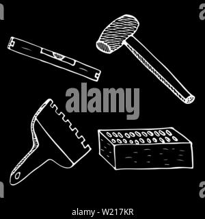 Mauerwerk Arbeiter tools Symbol gesetzt. Einfache doodle Einrichten von Mauerwerk Arbeiter tools Vector Icons für Web Design auf schwarzem Hintergrund isoliert. Übersicht Sammlung. Stock Vektor