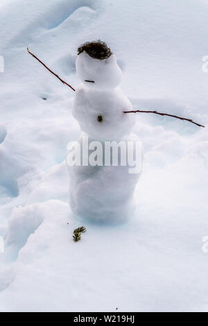 Bauen einen Schneemann ist eine kreative Aktivität im Winter nach einem Tag Skifahren auf der berühmten Sun Peaks Skigebiet in Western Canada Stockfoto