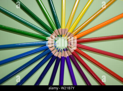 Closeup bunte Bleistift auf grünem Papier Hintergrund. Makro einer Gruppe Bleistifte gefaltet in Regenbogenfarben im Kreis. Geschäftskonzept, Teamarbeit, United g Stockfoto