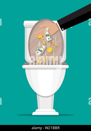 Geschäftsmann hand Dollarscheine in der Toilette. Stock Vektor